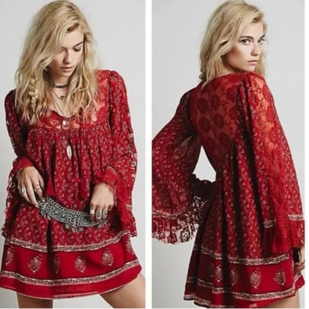 Free People Nomad Child Dress Boho Festival Mini Lace Tassel Tie Neck Cherry Sm